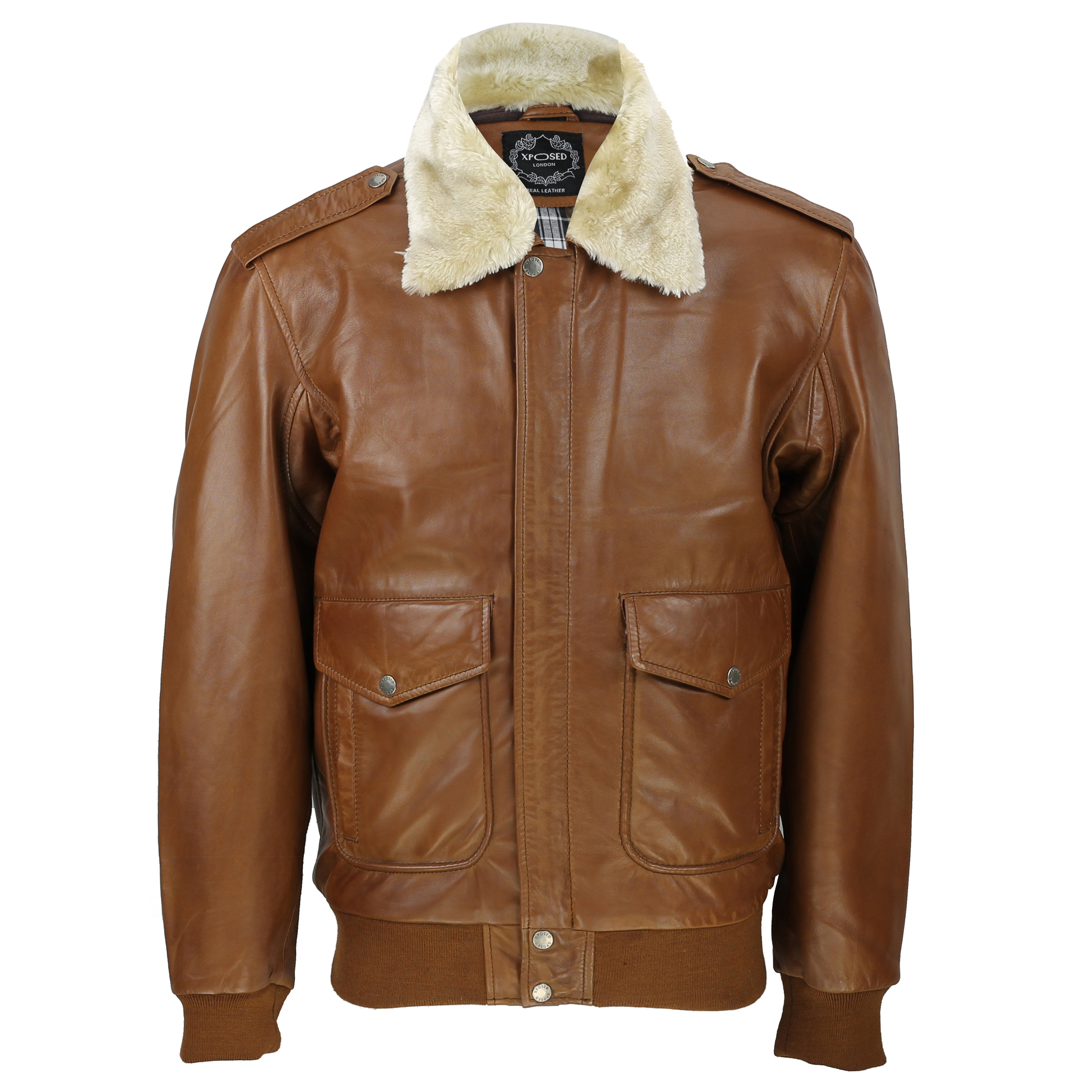 Mens Real Leather Tan Brown Vintage Pilot Removable Fur Collar Bomber Jacket